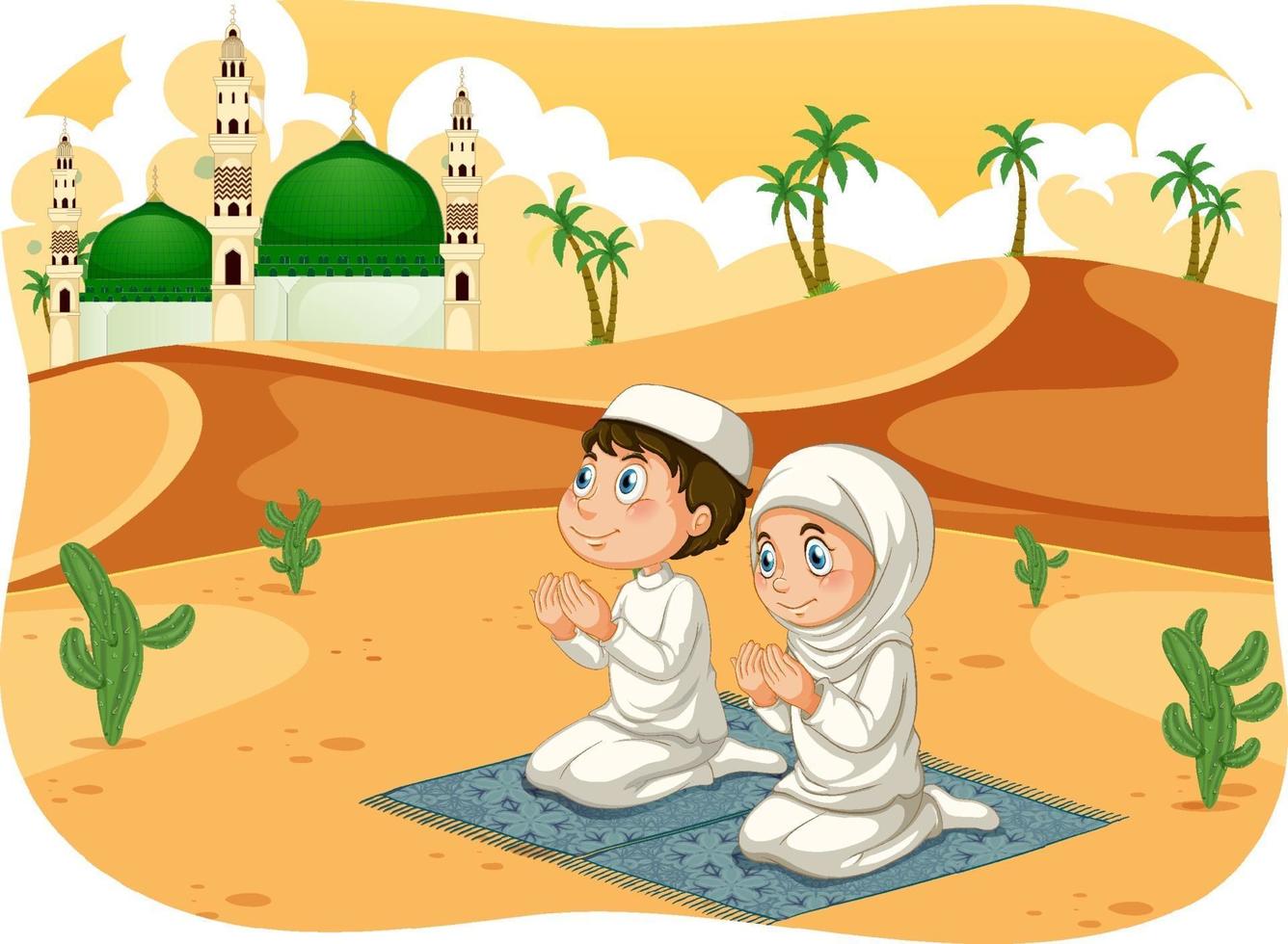 irmã muçulmana e irmão em posição de oração personagem de desenho animado vetor