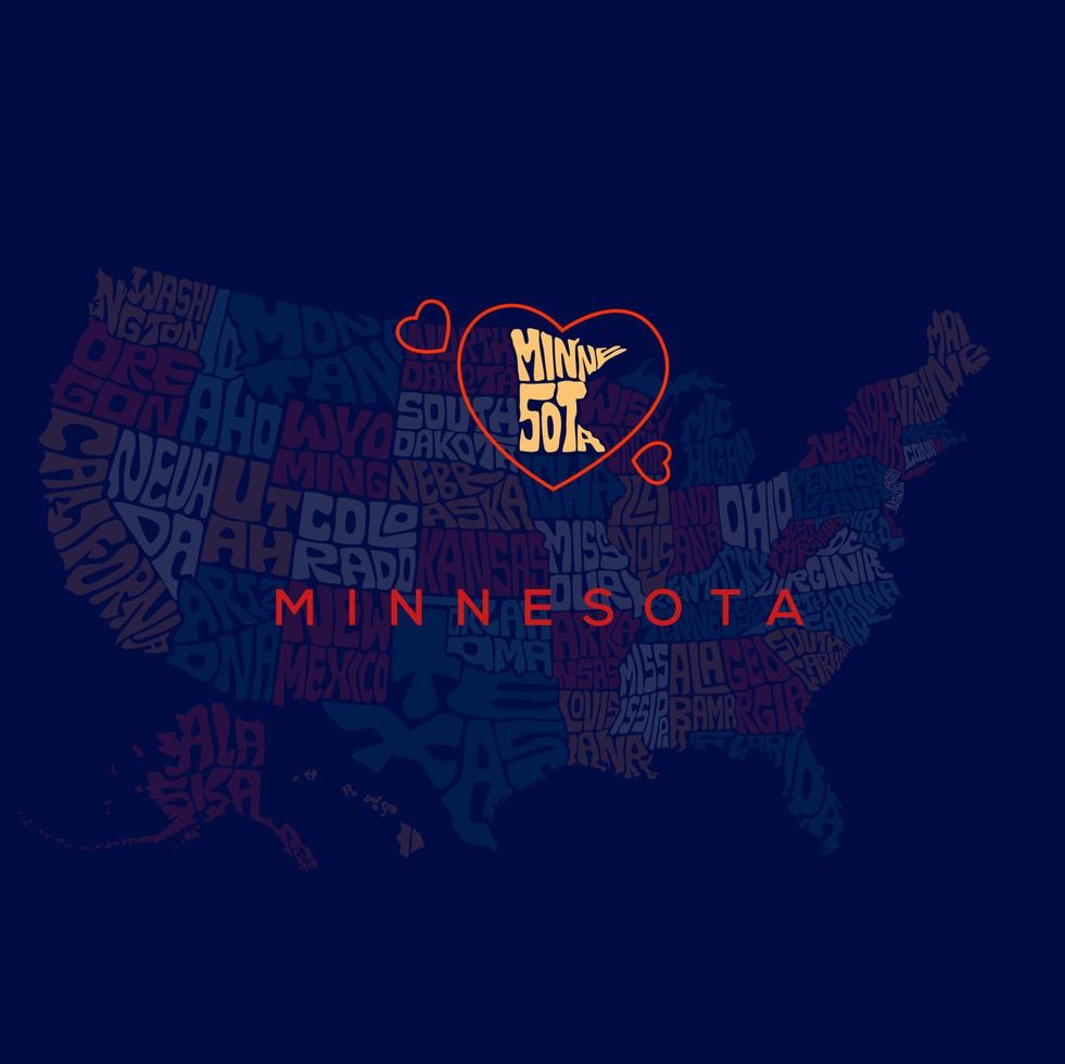 Minnesota mapa tipografia. nos mapa letras com todos estados nomes. vetor