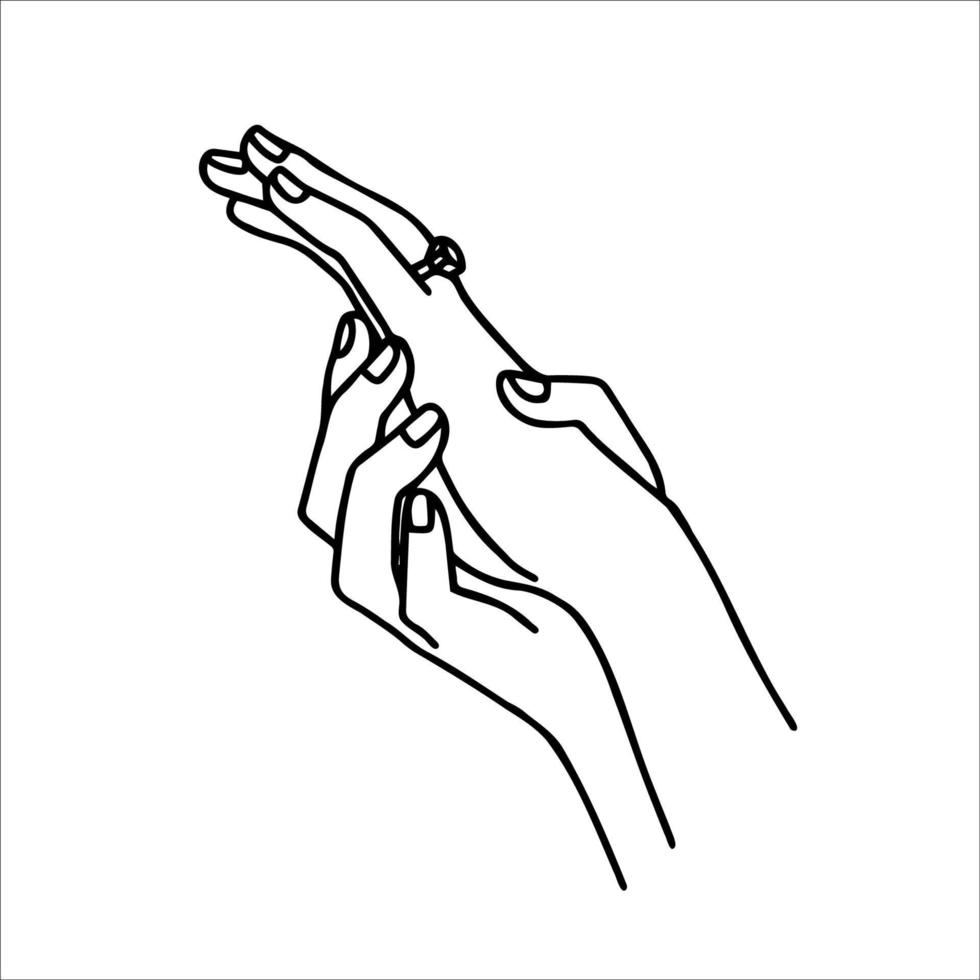 rabisco desenhando do fêmea mãos com uma diamante anel em a anel dedo. vetor esboço do a mãos do a noiva depois de a noivado