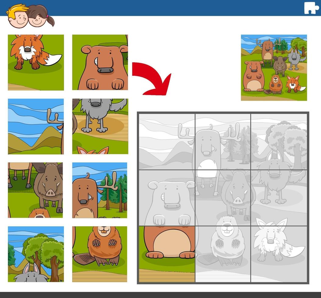 jogo de quebra-cabeça com personagens de animais em quadrinhos vetor