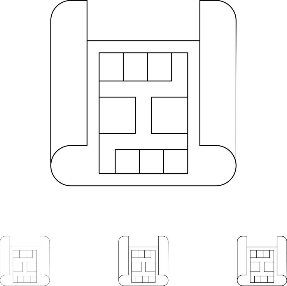 construção de mapa conjunto de ícones de linha preta fina e ousada vetor