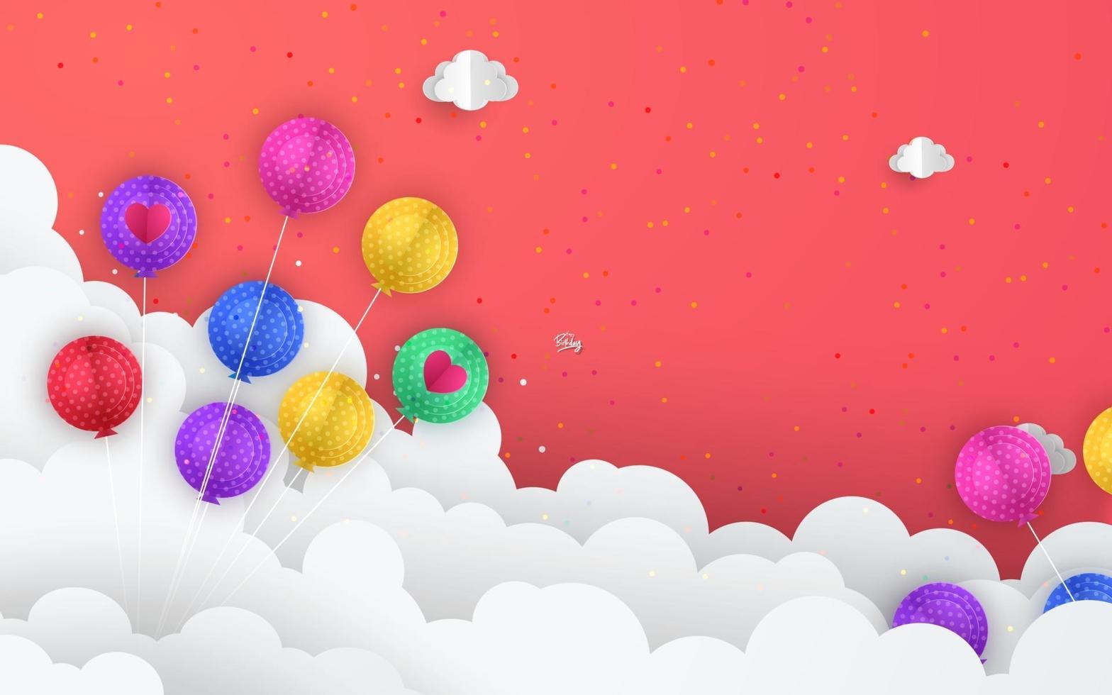 arte de papel de balões nas nuvens, arte de celebração de feliz aniversário e ilustração. vetor