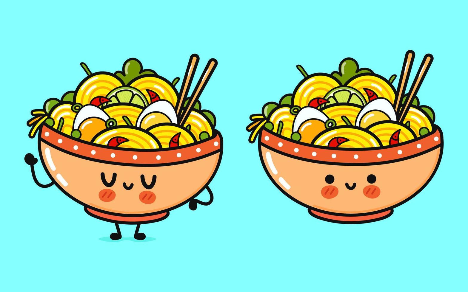 tigela de ramen engraçado bonito acenando a mão. vetor mão desenhada ícone de ilustração de personagem kawaii dos desenhos animados. isolado em fundo azul. conceito de personagem de tigela de ramen