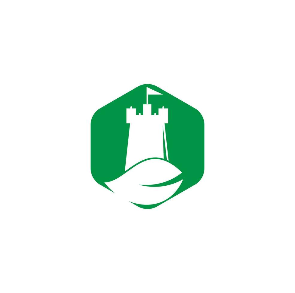 combinação de logotipo de castelo e folha. torre e eco símbolo ou ícone. vetor de conceito de design de logotipo de castelo de natureza