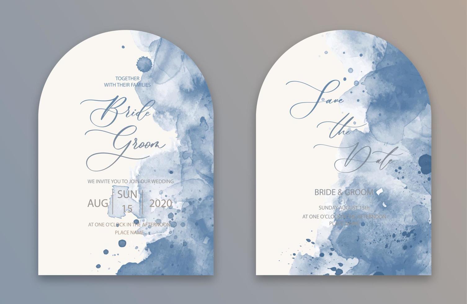 cartões de convite de arco de casamento design de coleção de estilo aquarela azul marinho. fundo de textura aquarela, brochura, modelo de convite. vetor