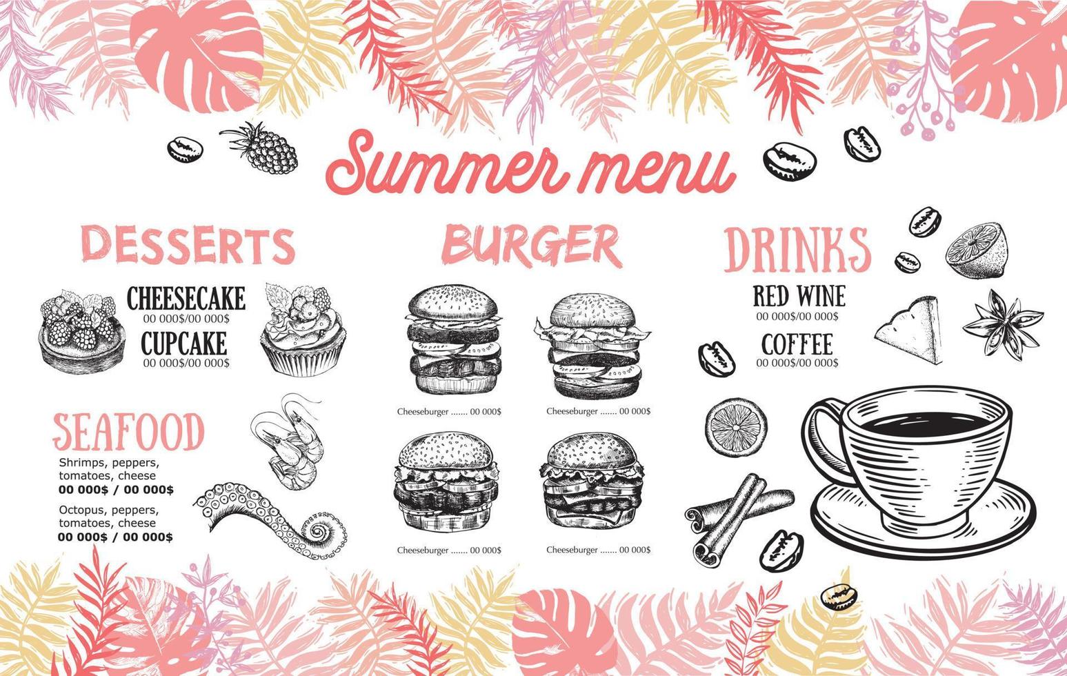 menu de verão, design de modelo. panfleto de comida. estilo desenhado à mão. ilustração vetorial vetor