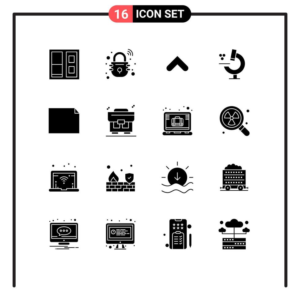 16 sólido glifo conceito para sites Móvel e apps o negócio Arquivo Setas; flechas documento microscópio editável vetor Projeto elementos