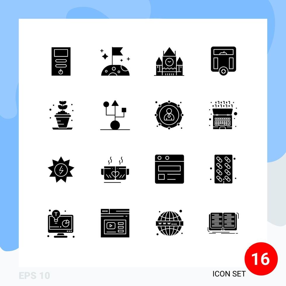 Móvel interface sólido glifo conjunto do 16 pictogramas do passatempo plantar Centro quadra peso saúde editável vetor Projeto elementos