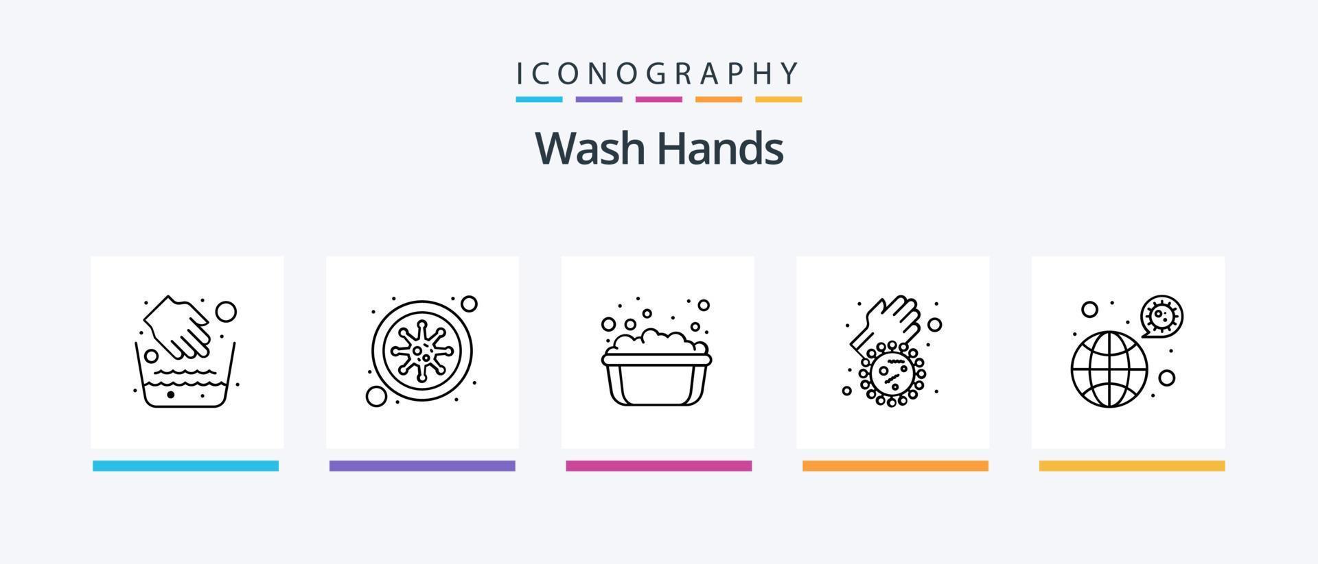 lavar mãos linha 5 ícone pacote Incluindo lavando. mãos. coronavírus. desinfetante. loção. criativo ícones Projeto vetor