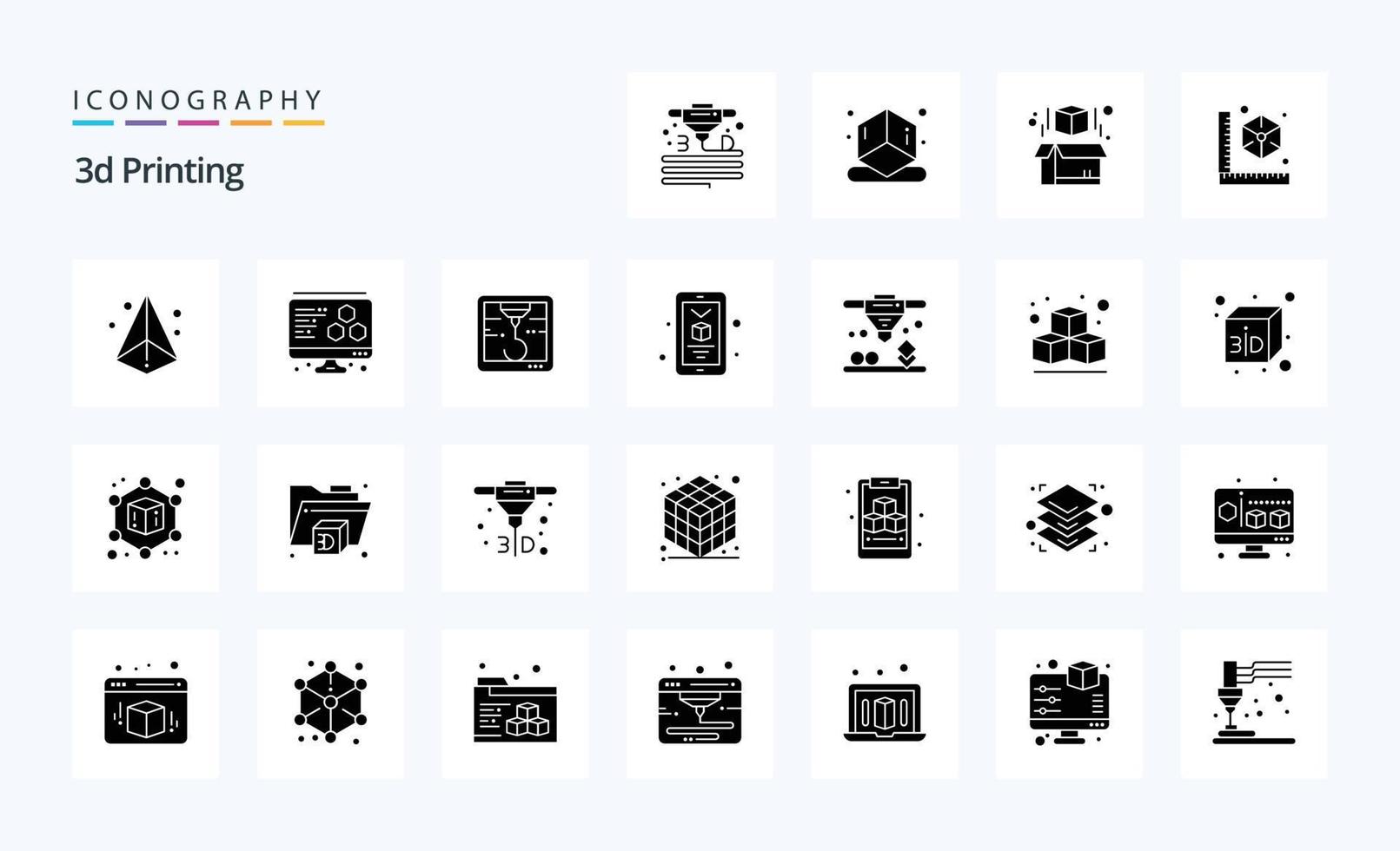 25 3d impressão sólido glifo ícone pacote vetor
