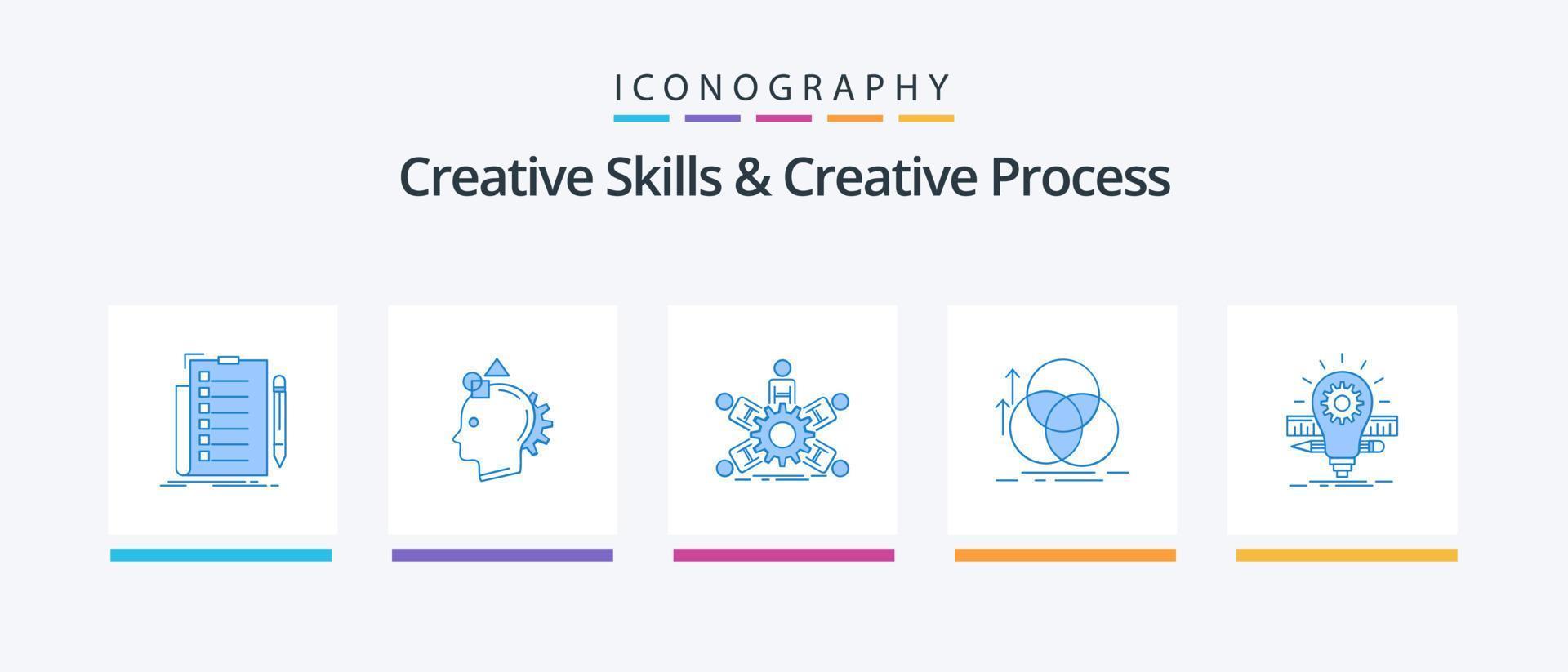 criativo Habilidades e criativo processo azul 5 ícone pacote Incluindo alinhamento. equilíbrio. ideia. trabalho em equipe. liderança. criativo ícones Projeto vetor