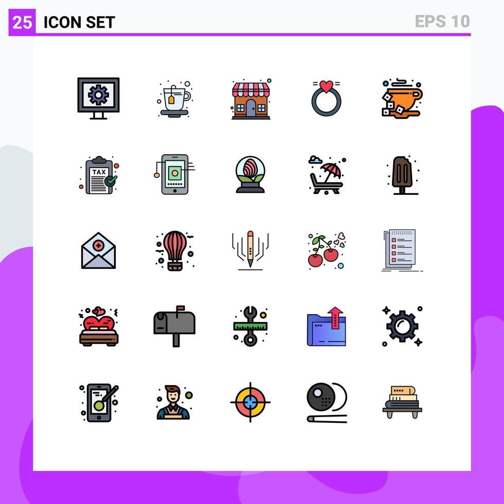 Móvel interface preenchidas linha plano cor conjunto do 25 pictogramas do café Casamento saída amor anel editável vetor Projeto elementos