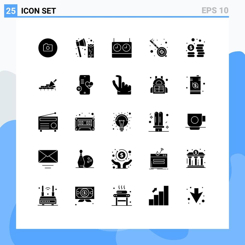 Móvel interface sólido glifo conjunto do 25 pictogramas do moedas festa madeira Veena Índia editável vetor Projeto elementos