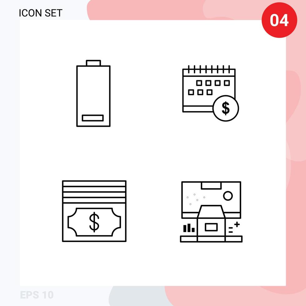 4 universal linha preenchida plano cores conjunto para rede e Móvel formulários bateria Tempo energia bancário dinheiro editável vetor Projeto elementos