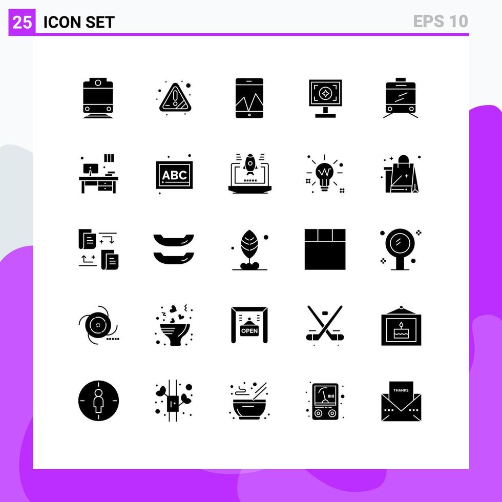 moderno conjunto do 25 sólido glifos pictograma do local de trabalho escrivaninha Smartphone transporte impressão editável vetor Projeto elementos