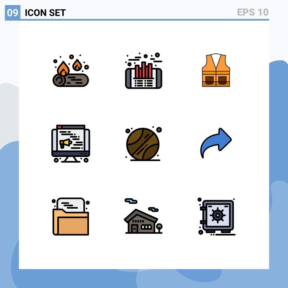 pacote do 9 moderno linha preenchida plano cores sinais e símbolos para rede impressão meios de comunicação tal Como Esportes bola Jaqueta rede computador editável vetor Projeto elementos
