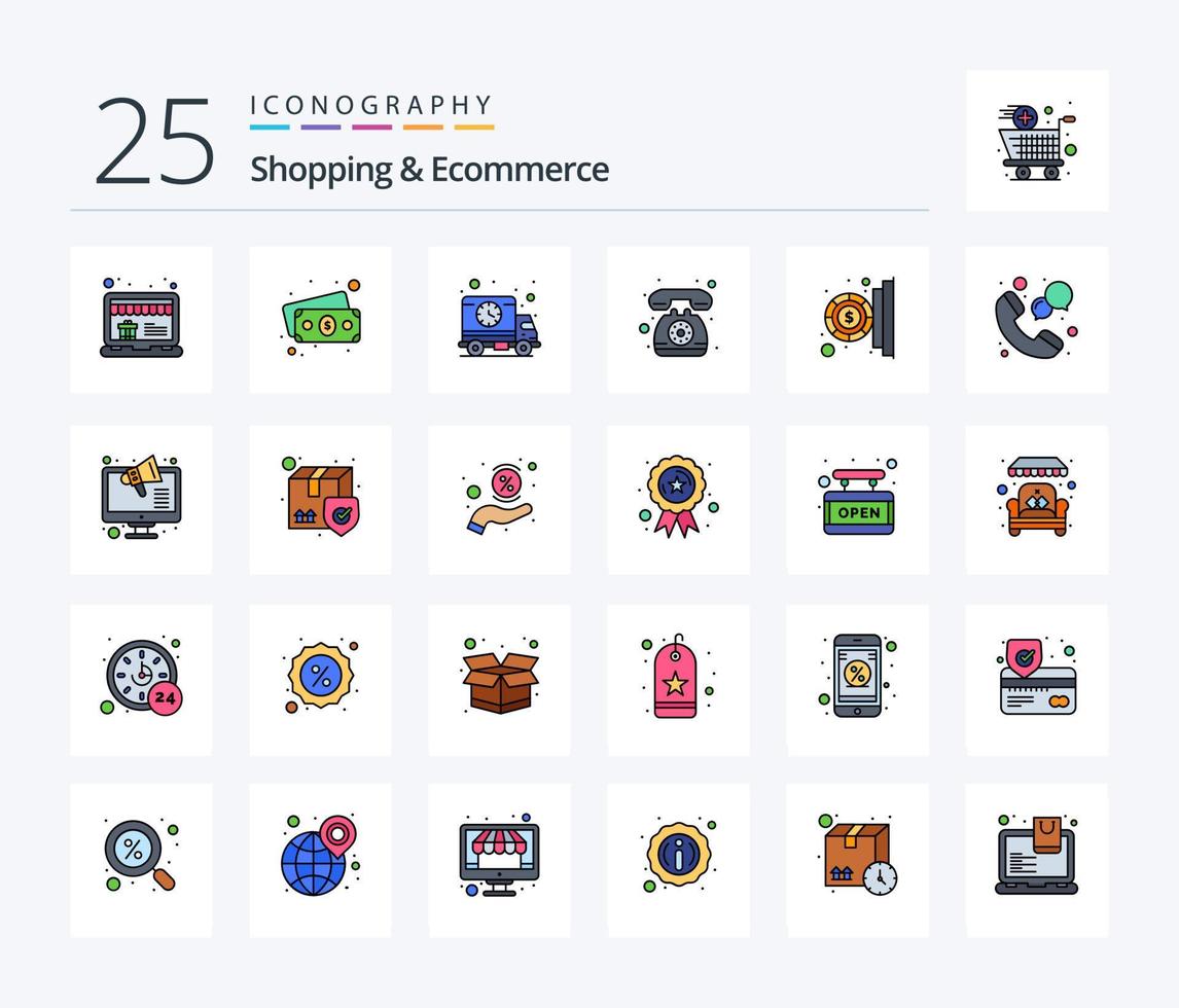 compras e comércio eletrônico 25 linha preenchidas ícone pacote Incluindo pagamento. moeda. agendar. comunicação. telefone vetor