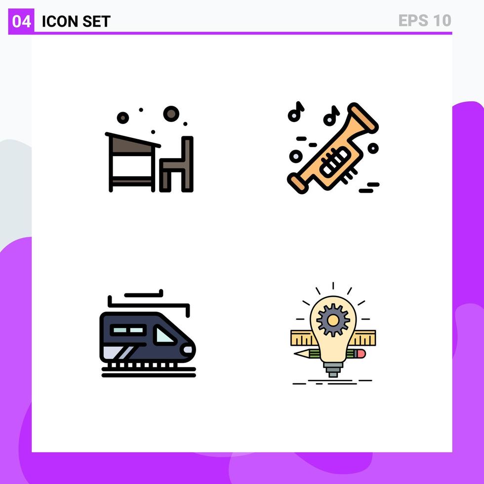 pacote do 4 moderno linha preenchida plano cores sinais e símbolos para rede impressão meios de comunicação tal Como cadeira trem aprender música túnel editável vetor Projeto elementos