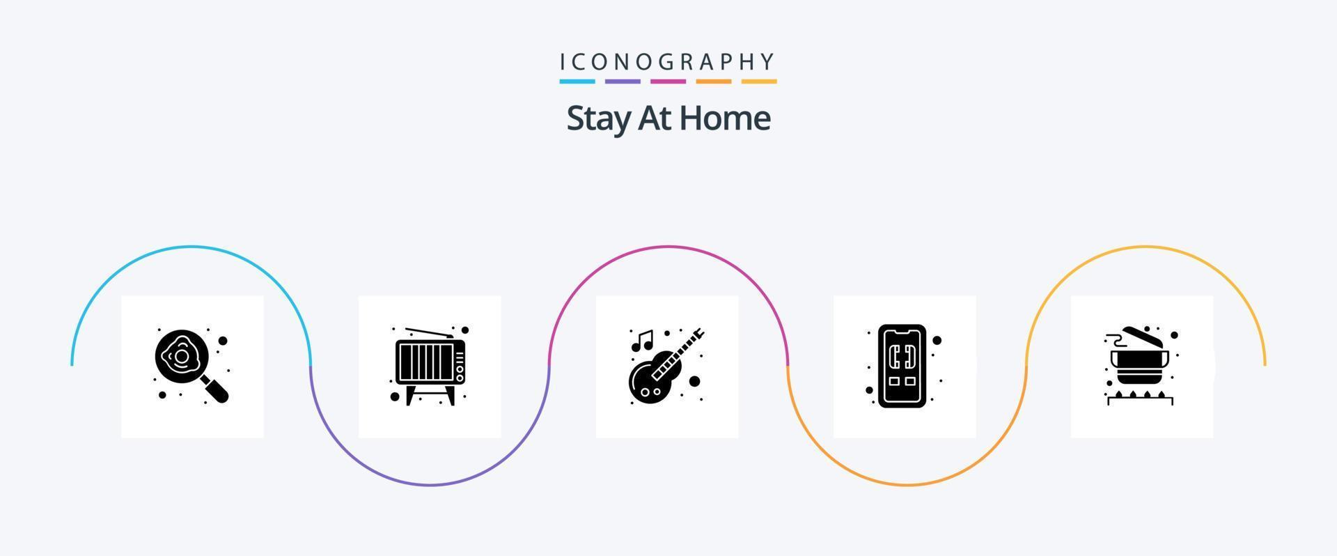 fique às casa glifo 5 ícone pacote Incluindo cozinhando Panela. entrada extrovertido. guitarra. lar. ligar encaminhamento vetor