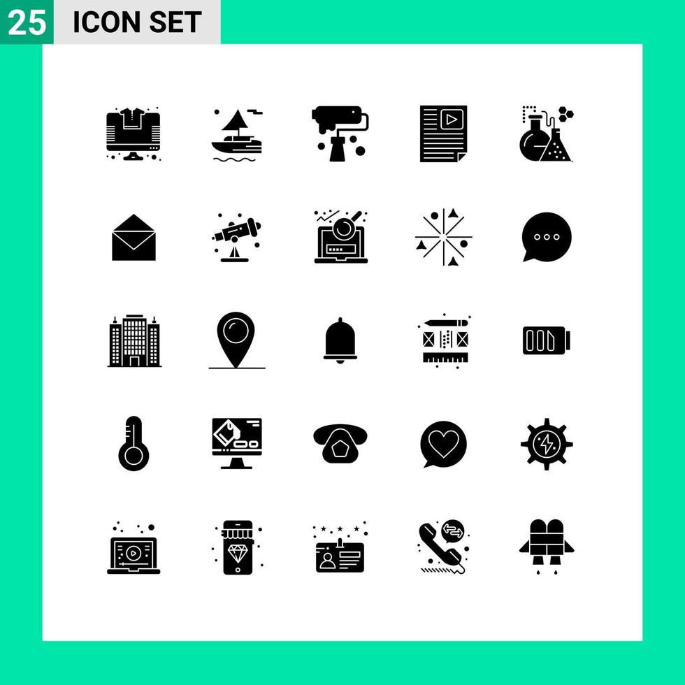 Móvel interface sólido glifo conjunto do 25 pictogramas do frasco relatório escova papel dados editável vetor Projeto elementos