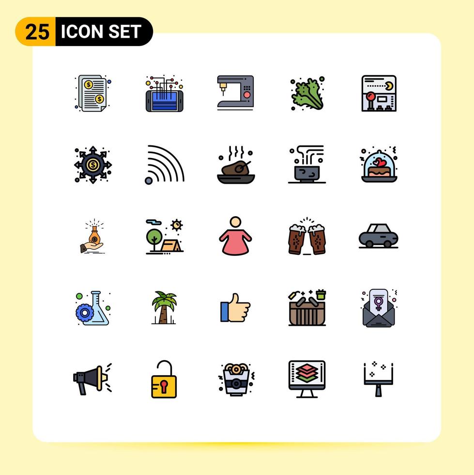 preenchidas linha plano cor pacote do 25 universal símbolos do controle de video game saudável inteligente Comida máquina editável vetor Projeto elementos