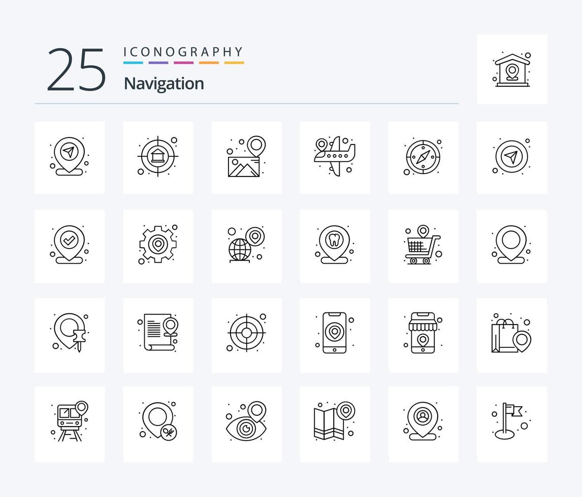 navegação 25 linha ícone pacote Incluindo direção. voar localização. alvo. voar destino. PIN vetor