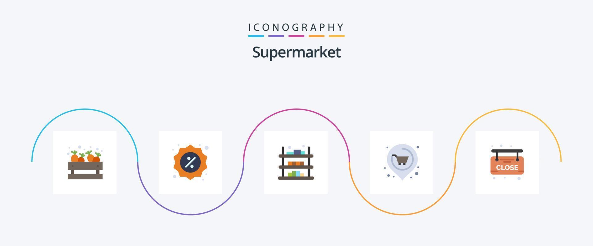 supermercado plano 5 ícone pacote Incluindo mercado. real. comprar. próximo. vender vetor