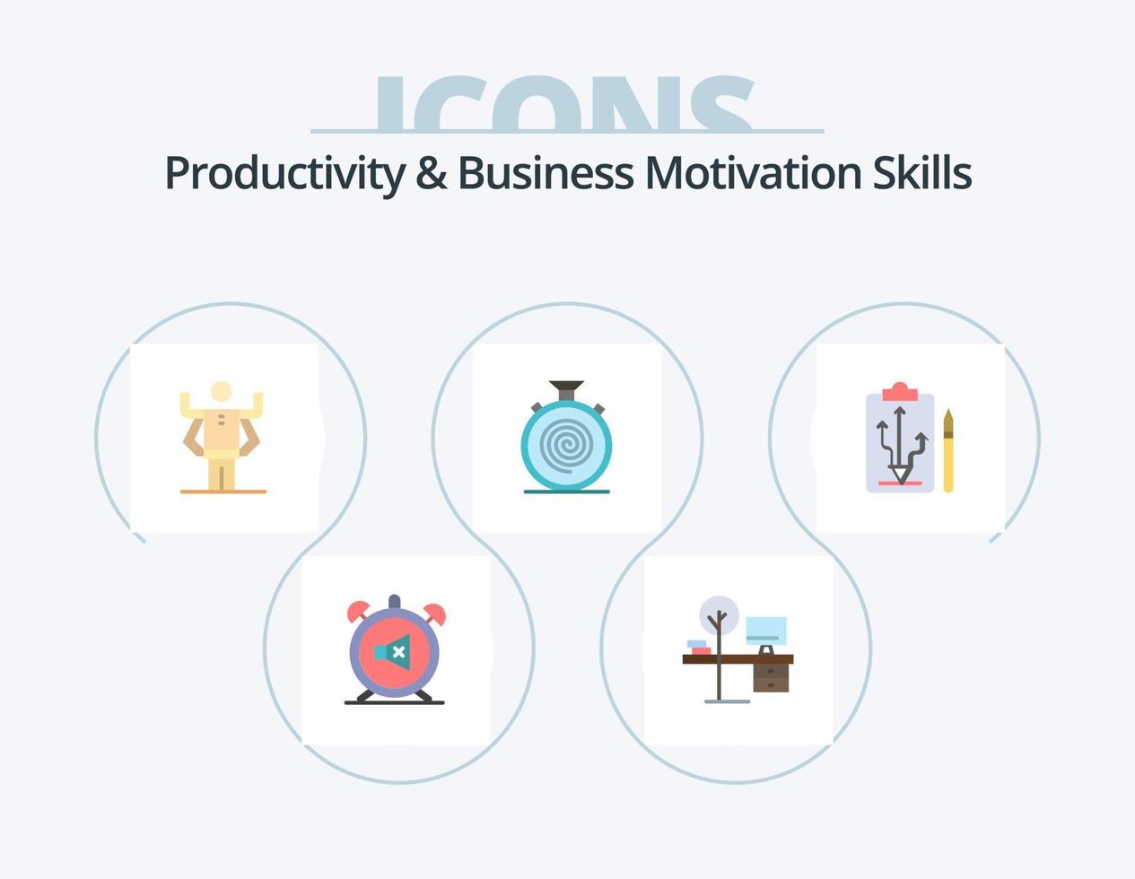 produtividade e o negócio motivação Habilidades plano ícone pacote 5 ícone Projeto. sem parar. ciclo. lugar. Ação. multitarefa vetor
