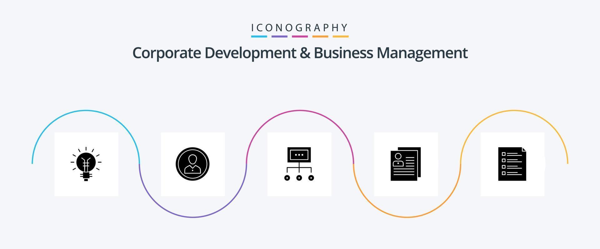 corporativo desenvolvimento e o negócio gestão glifo 5 ícone pacote Incluindo gerenciamento. gráfico. cara. negócios. do utilizador vetor