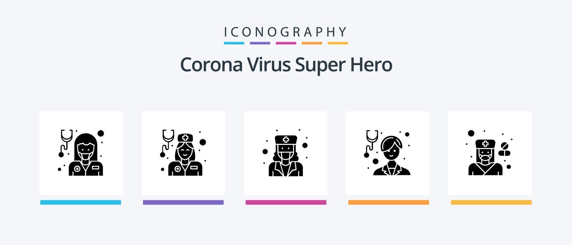 corona vírus super herói glifo 5 ícone pacote Incluindo fêmea. enfermeira. fêmea. médico. garota. criativo ícones Projeto vetor