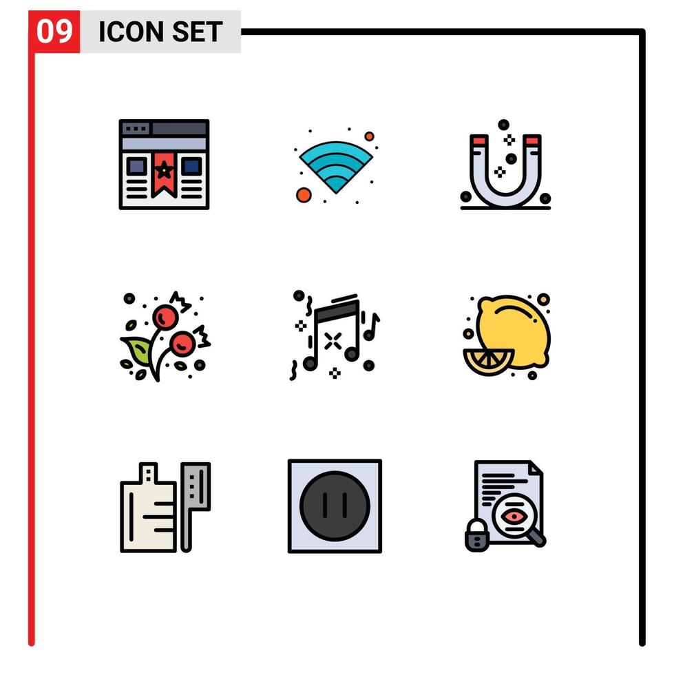 grupo do 9 moderno linha preenchida plano cores conjunto para música frio atração Comida outono editável vetor Projeto elementos