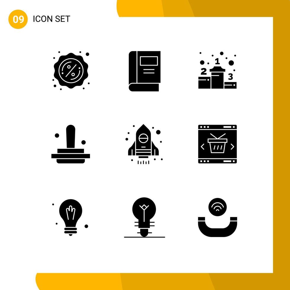 Móvel interface sólido glifo conjunto do 9 pictogramas do aplicativo nave espacial posição foguete marketing editável vetor Projeto elementos