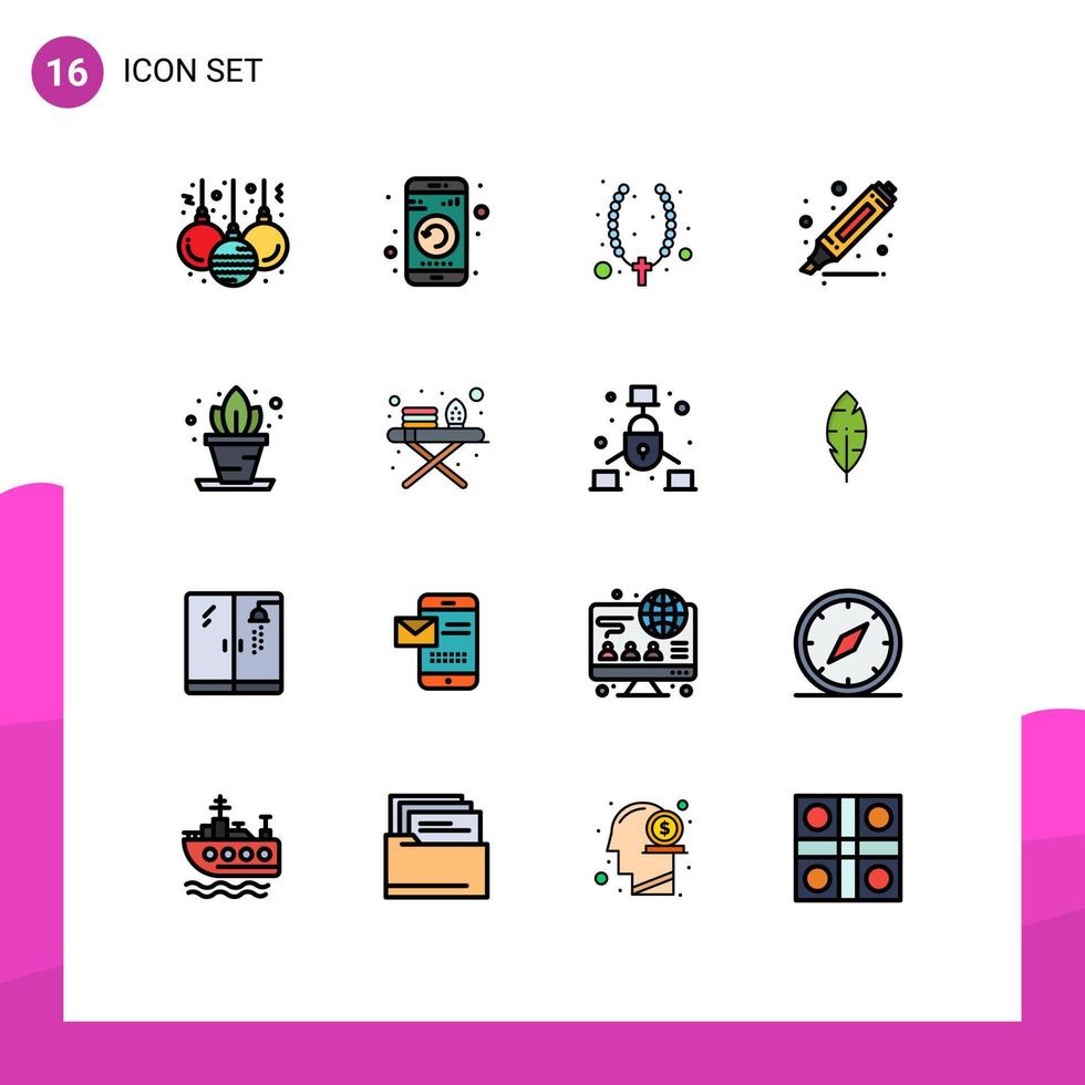 Móvel interface plano cor preenchidas linha conjunto do 16 pictogramas do estante casa colar marcador desenhando editável criativo vetor Projeto elementos