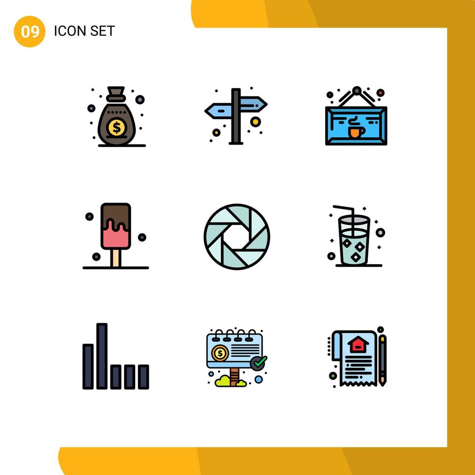 Móvel interface linha preenchida plano cor conjunto do 9 pictogramas do foco abertura cafeteria gelo creme creme editável vetor Projeto elementos