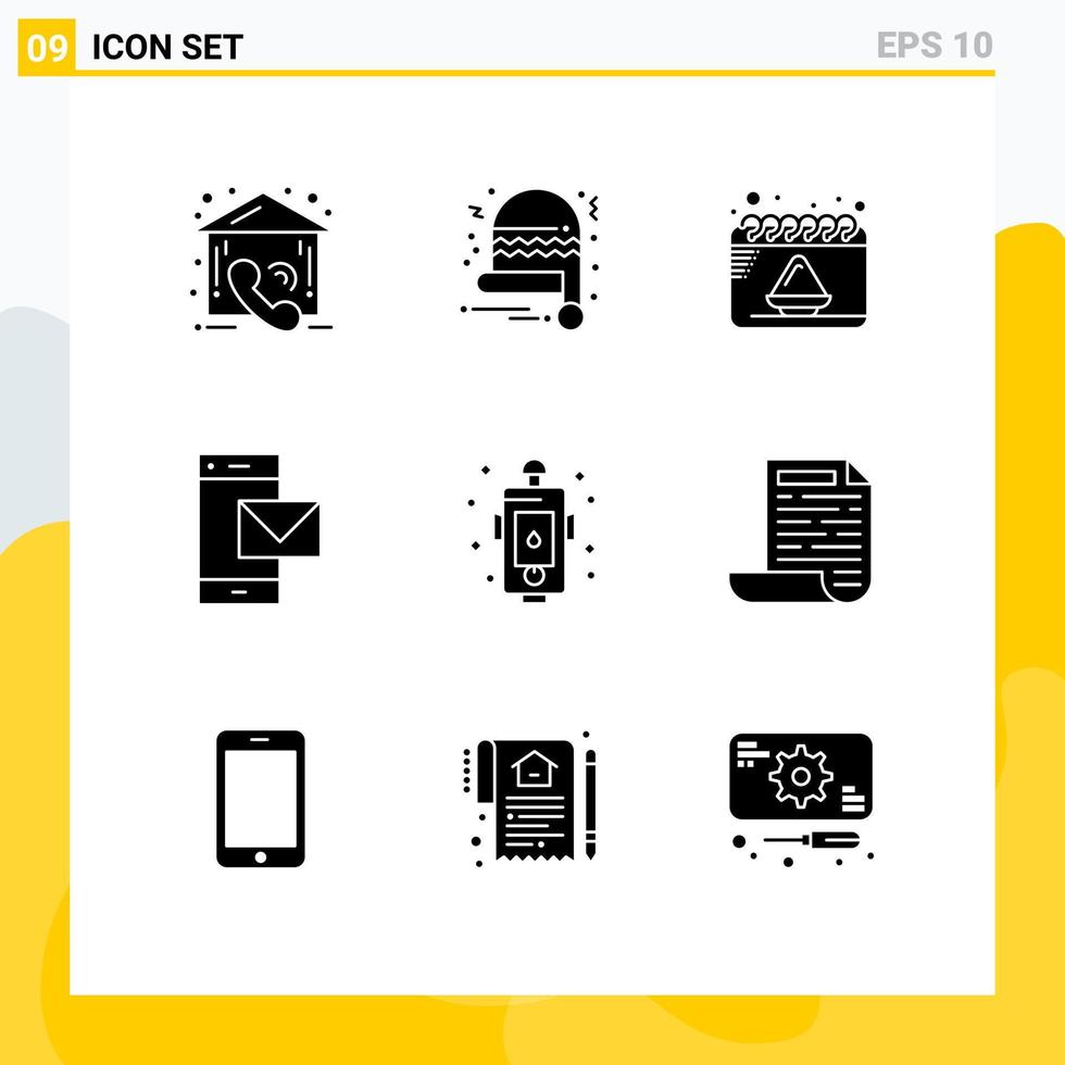 moderno conjunto do 9 sólido glifos pictograma do Perigo inteligente telefone encontro telefone mensagem editável vetor Projeto elementos