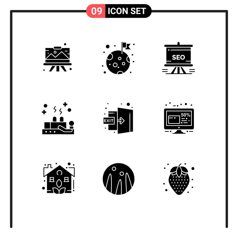 pictograma conjunto do 9 simples sólido glifos do bem estar cura planeta escavação analytics editável vetor Projeto elementos