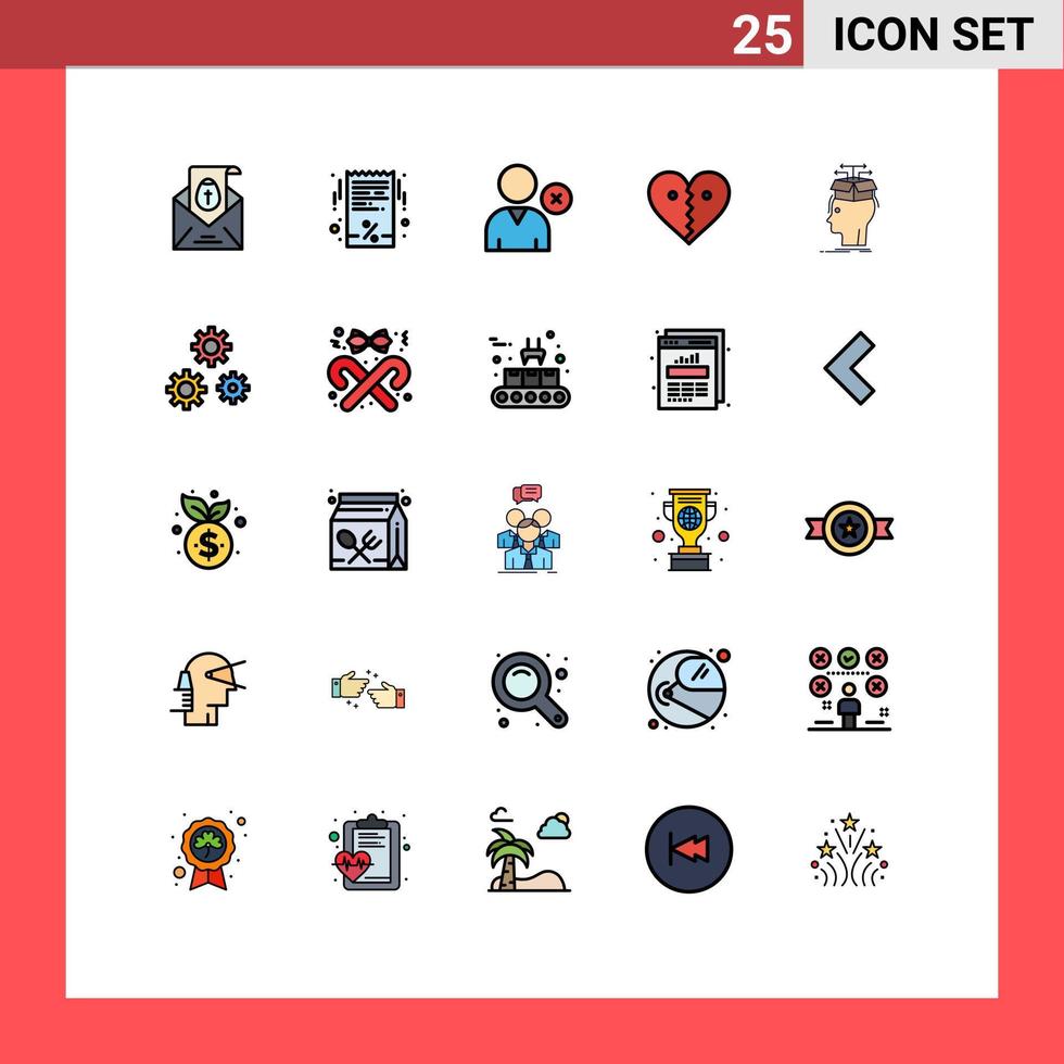Móvel interface preenchidas linha plano cor conjunto do 25 pictogramas do Extração quebrado excluir pausa amor editável vetor Projeto elementos