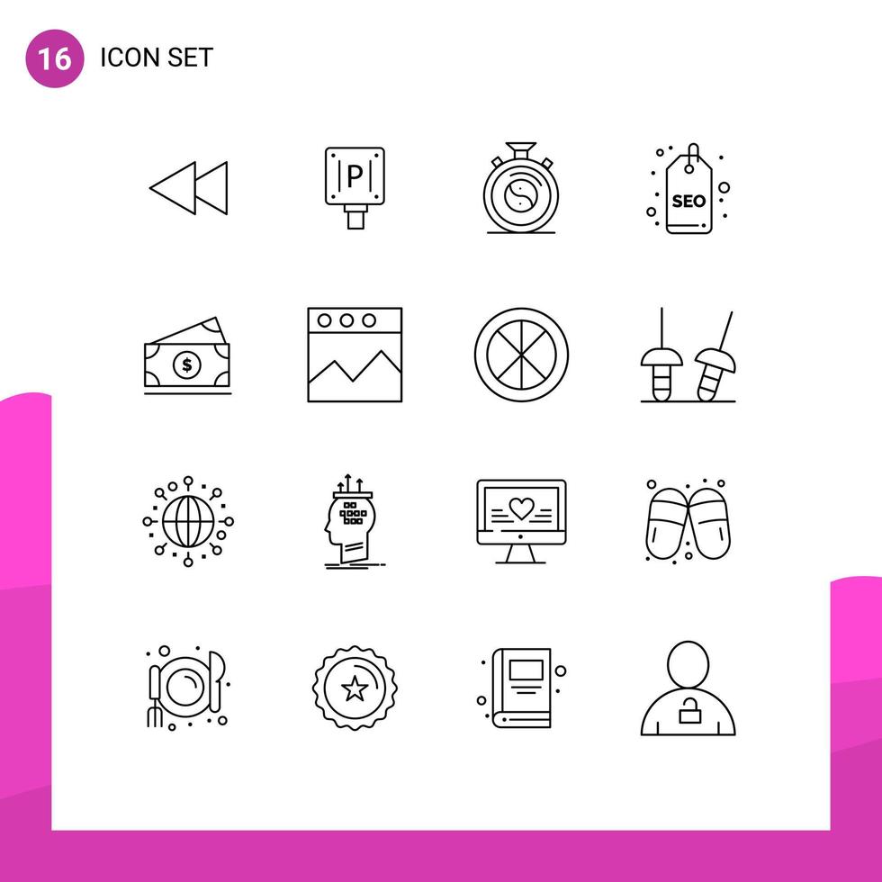 Móvel interface esboço conjunto do 16 pictogramas do dinheiro tag relógio seo tag crachá editável vetor Projeto elementos