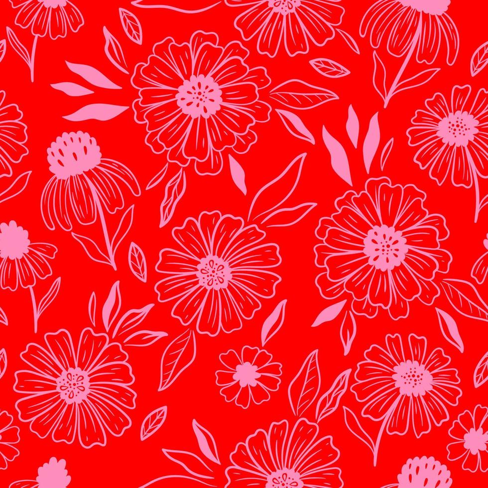 padrão perfeito com flores nas cores rosa e vermelhas. gráficos vetoriais. vetor