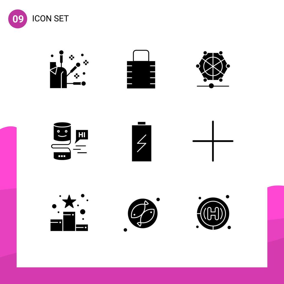 Móvel interface sólido glifo conjunto do 9 pictogramas do cobrando bateria Aprendendo grande pensar coloquial editável vetor Projeto elementos