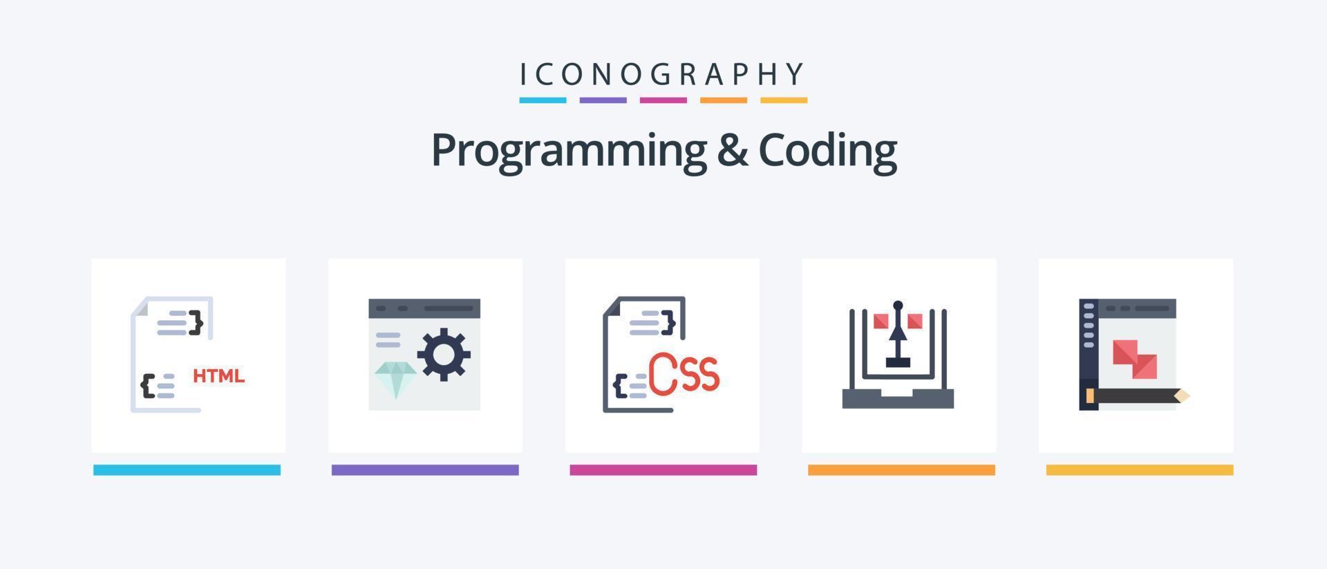 programação e codificação plano 5 ícone pacote Incluindo desenvolvimento. codificação. desenvolver. arquivo. desenvolver. criativo ícones Projeto vetor