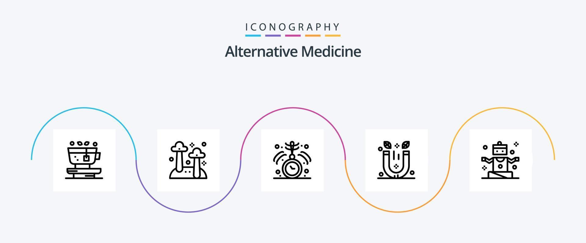 alternativo remédio linha 5 ícone pacote Incluindo pessoas. terapia. relógio. spa. magnético vetor