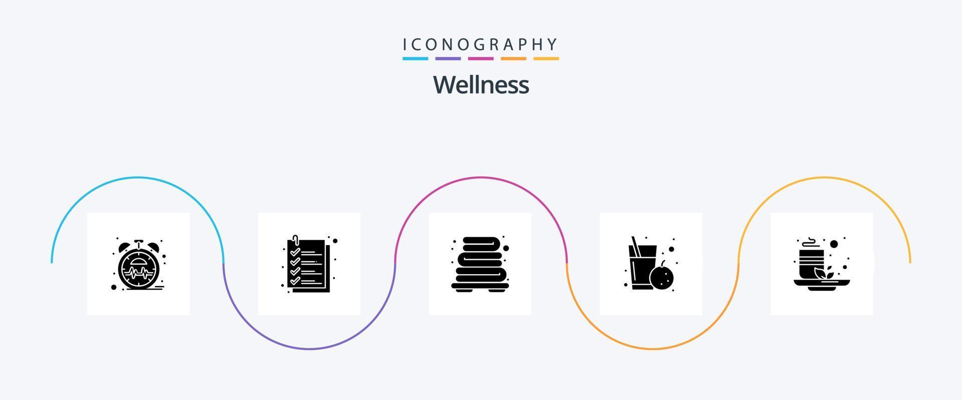 bem estar glifo 5 ícone pacote Incluindo chá. copo. banheiro. saúde. suco vetor
