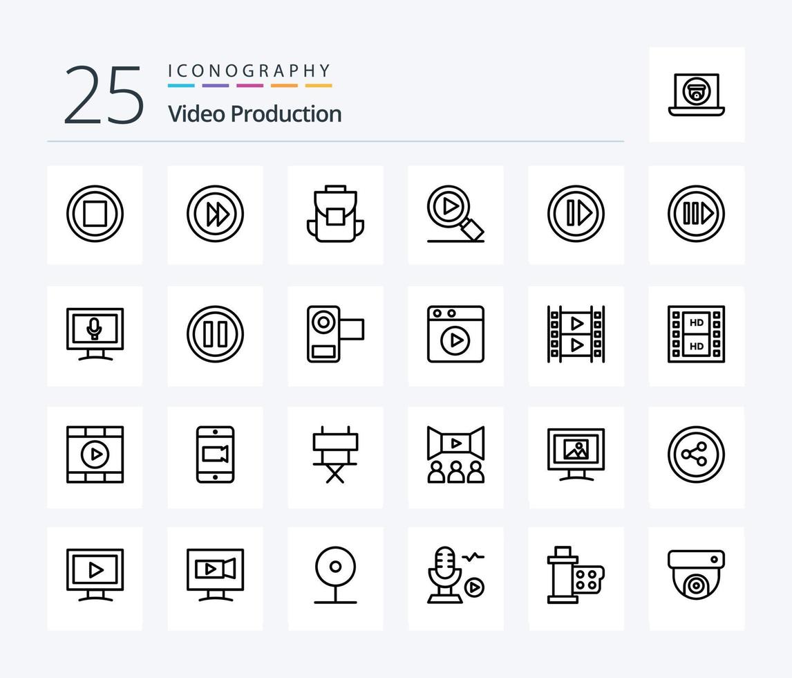 vídeo Produção 25 linha ícone pacote Incluindo vídeo. pesquisa . jogador. saco vetor