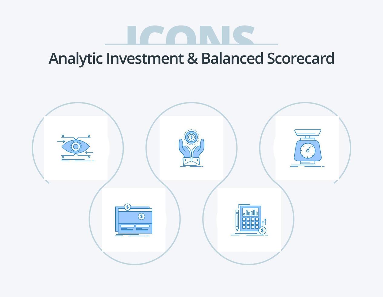 analítico investimento e equilibrado tabela de desempenho azul ícone pacote 5 ícone Projeto. pilha. moeda. investimento. visão. foco vetor