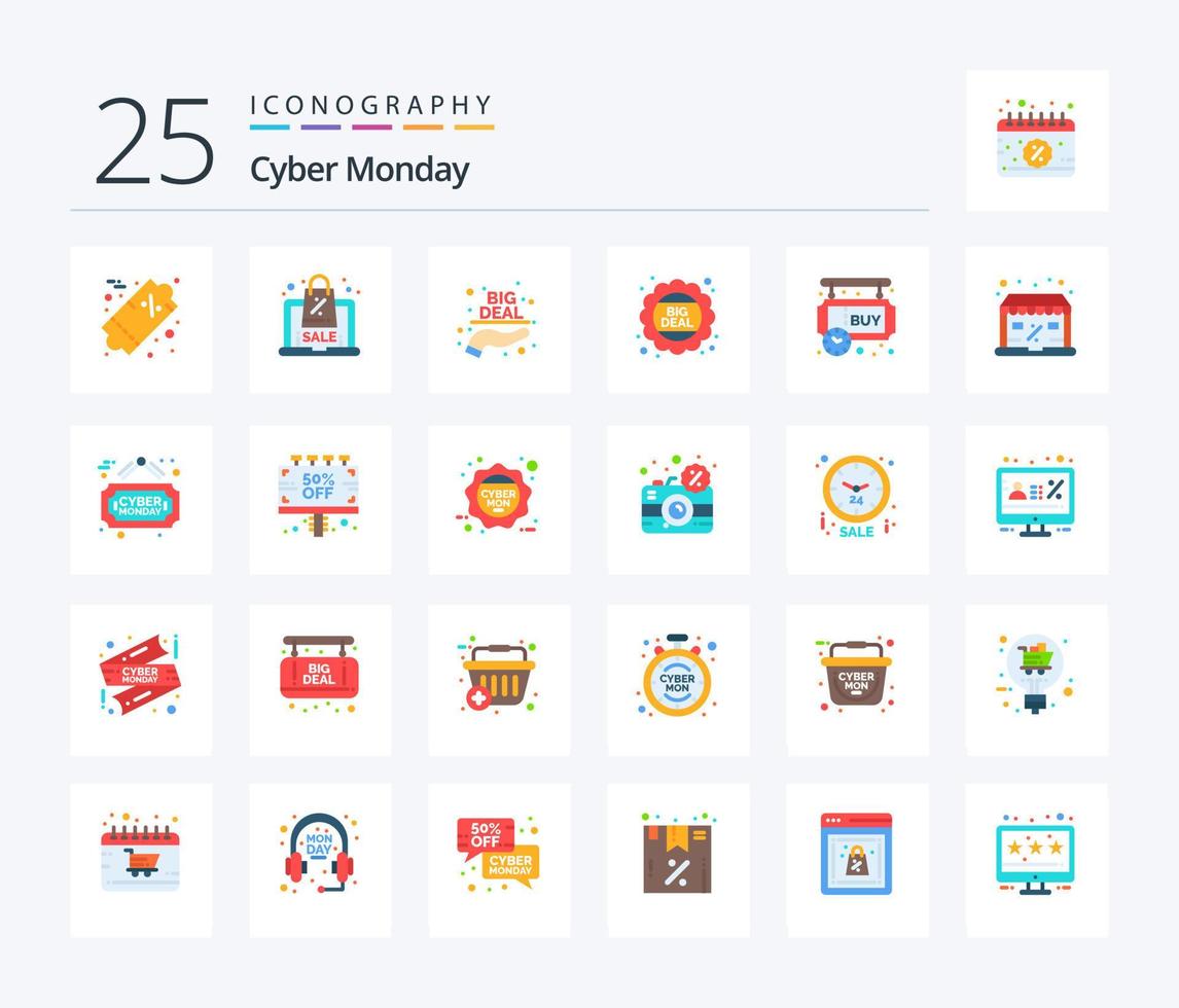 cyber Segunda-feira 25 plano cor ícone pacote Incluindo comprar. oferta. grande acordo. preço. grande acordo vetor