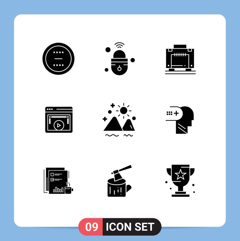 moderno conjunto do 9 sólido glifos pictograma do vídeo exibição seguro página mala de viagem editável vetor Projeto elementos