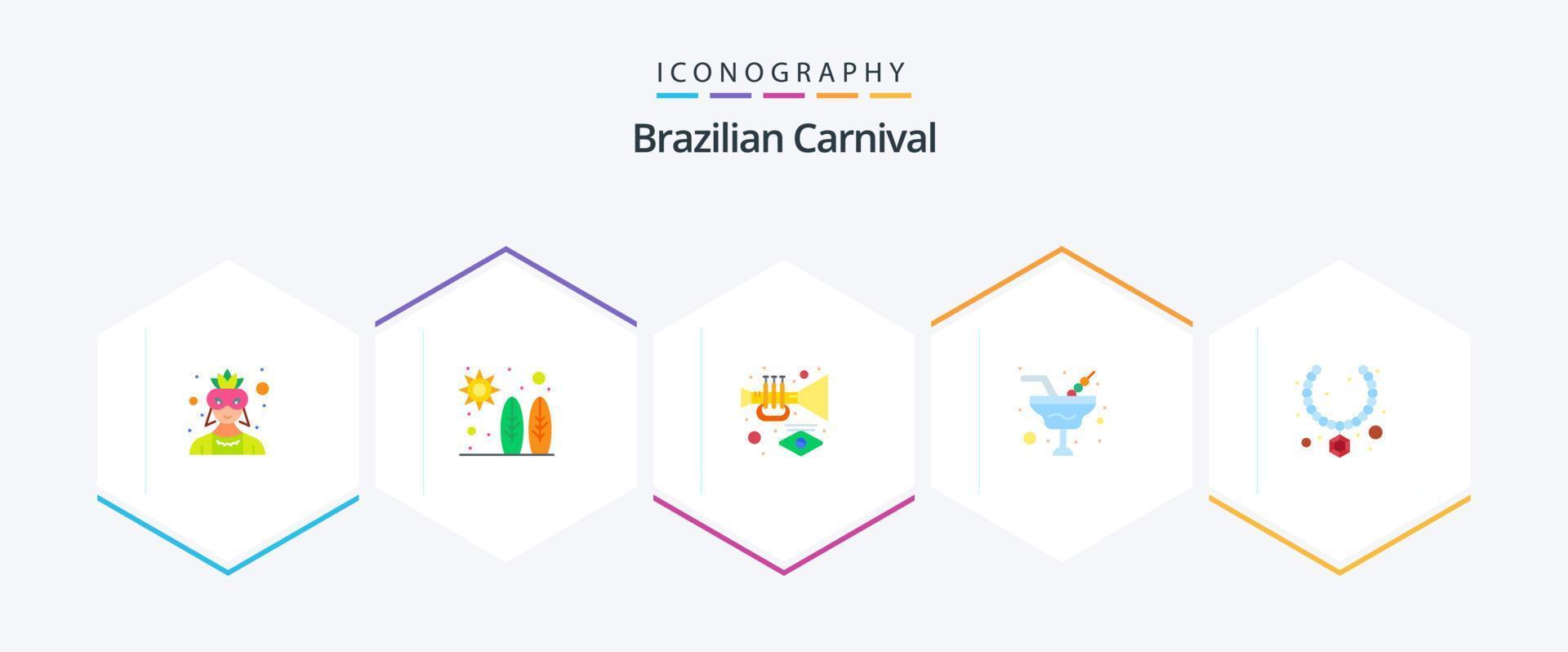 brasileiro carnaval 25 plano ícone pacote Incluindo colar. vidro. instrumento. vinho. Champaign vetor