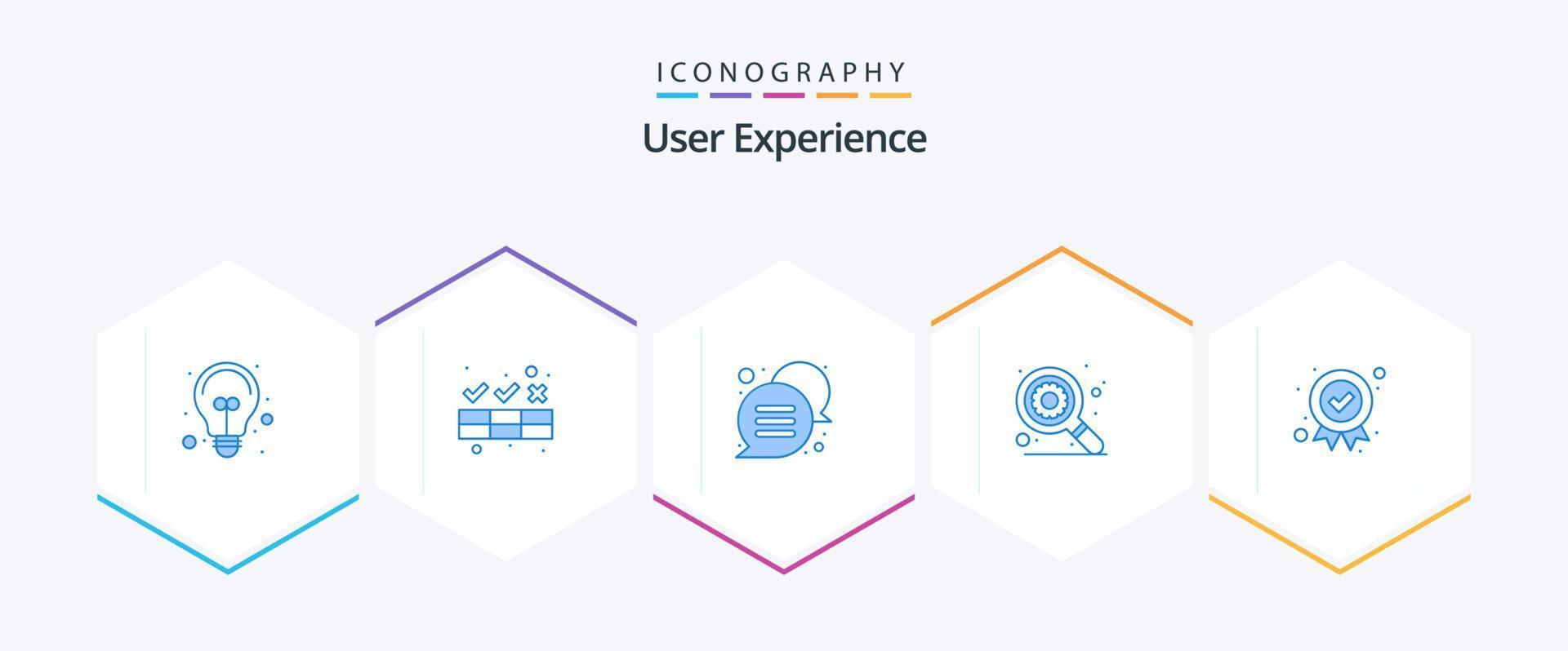 do utilizador experiência 25 azul ícone pacote Incluindo distintivo. configurações. bater papo. procurar. experiência vetor