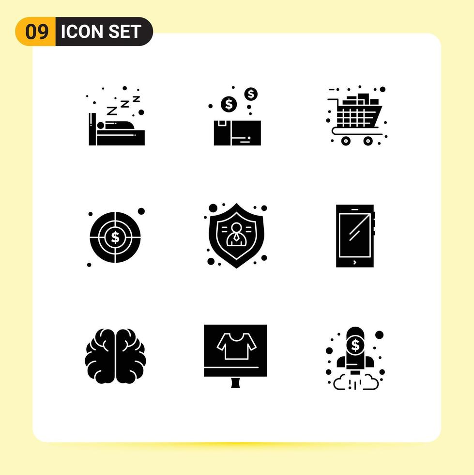 Móvel interface sólido glifo conjunto do 9 pictogramas do pessoas dólar presentes alvo compras editável vetor Projeto elementos